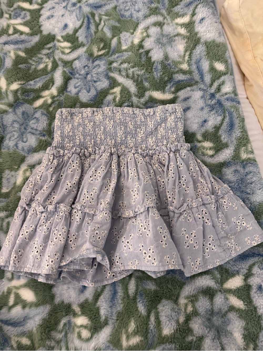 Olivaceous Light Blue Eyelet Tiered Mini Skirt